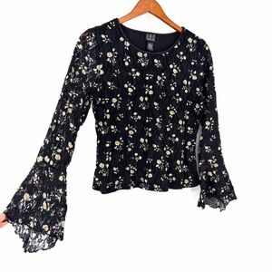 ✨90s Y2K Grunge INC Black Lace White Floral Bell Sleeve Top Whimsigoth Witchy M